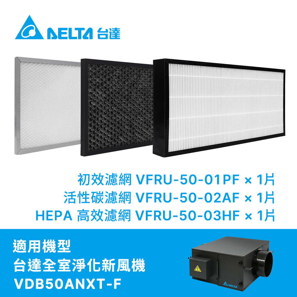 DELTA 台達電子 正壓PM2.5進氣型管道扇VDB系列三重高效濾網-初效+活性炭+HEPA濾網三件一組(機型VDB50ANXT-F適用)