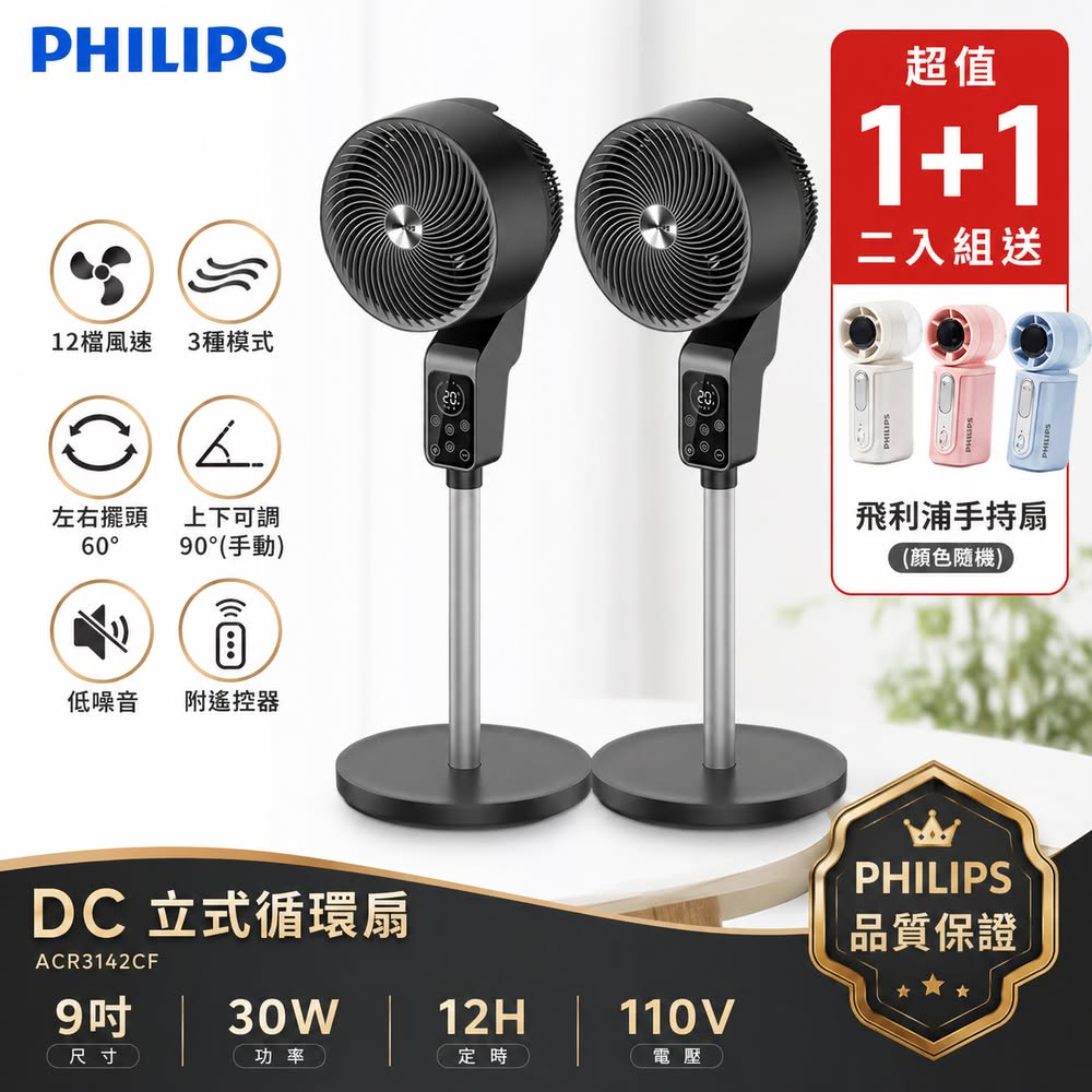 PHILIPS 飛利浦 (超值2入組)   9吋  直立式 DC 渦流遙控省電循環扇 ACR3142CF※限量買就送風扇※