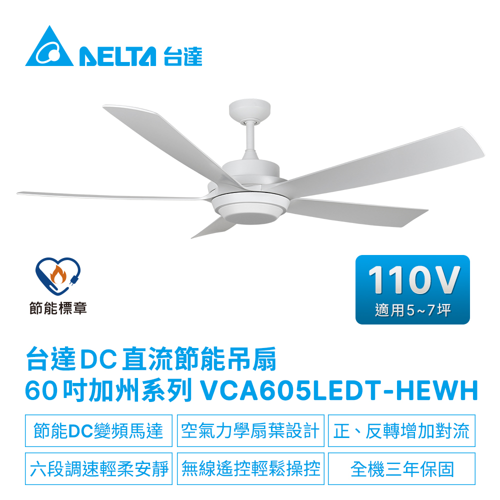 DELTA 台達電子 DC直流節能60吋加州系列吊扇無線遙控 適用5-7坪 電壓110V(VCA605LEDT-HEWH)