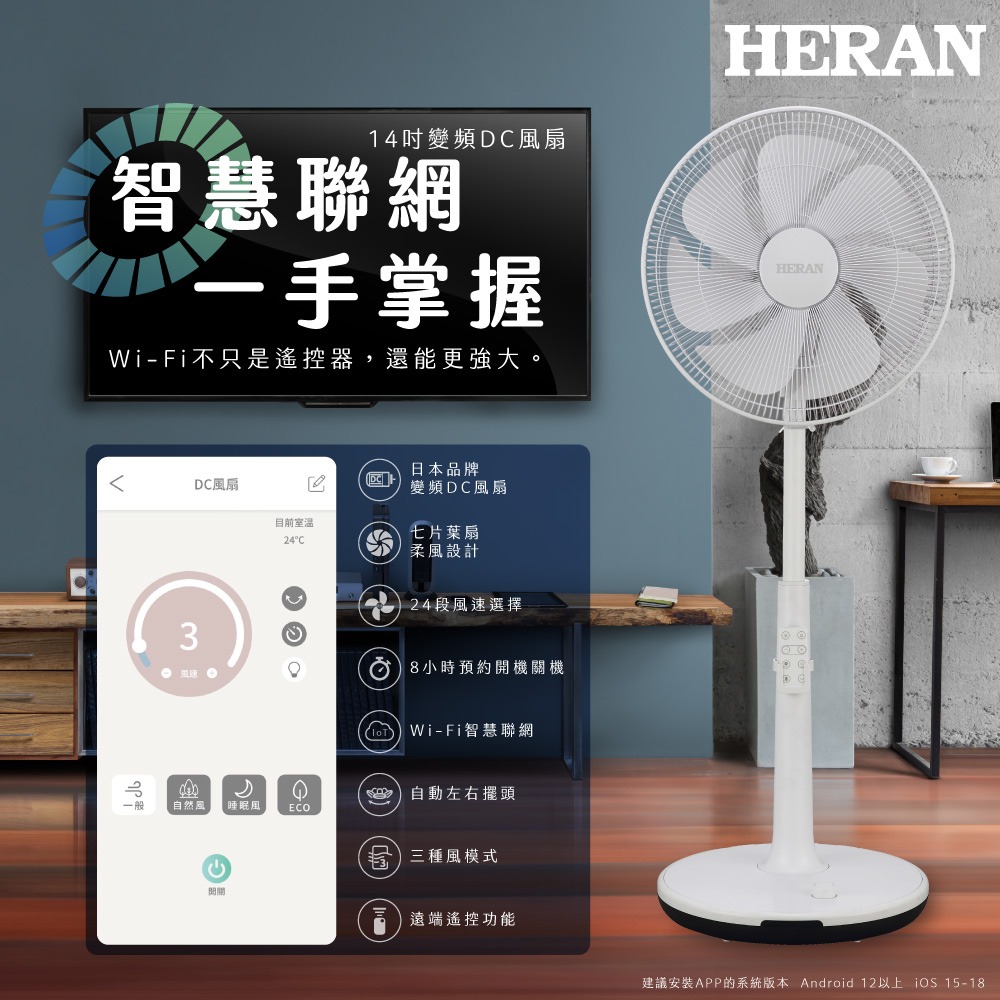 HERAN 禾聯 14吋7葉片 WIFI智慧聯網 DC變頻電風扇HDF-14AH71W