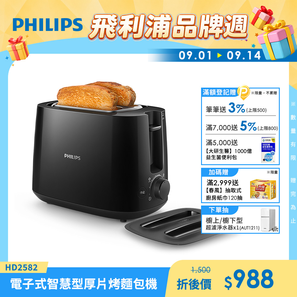 電子式智慧型厚片烤麵包機 黑(HD2582/92)
