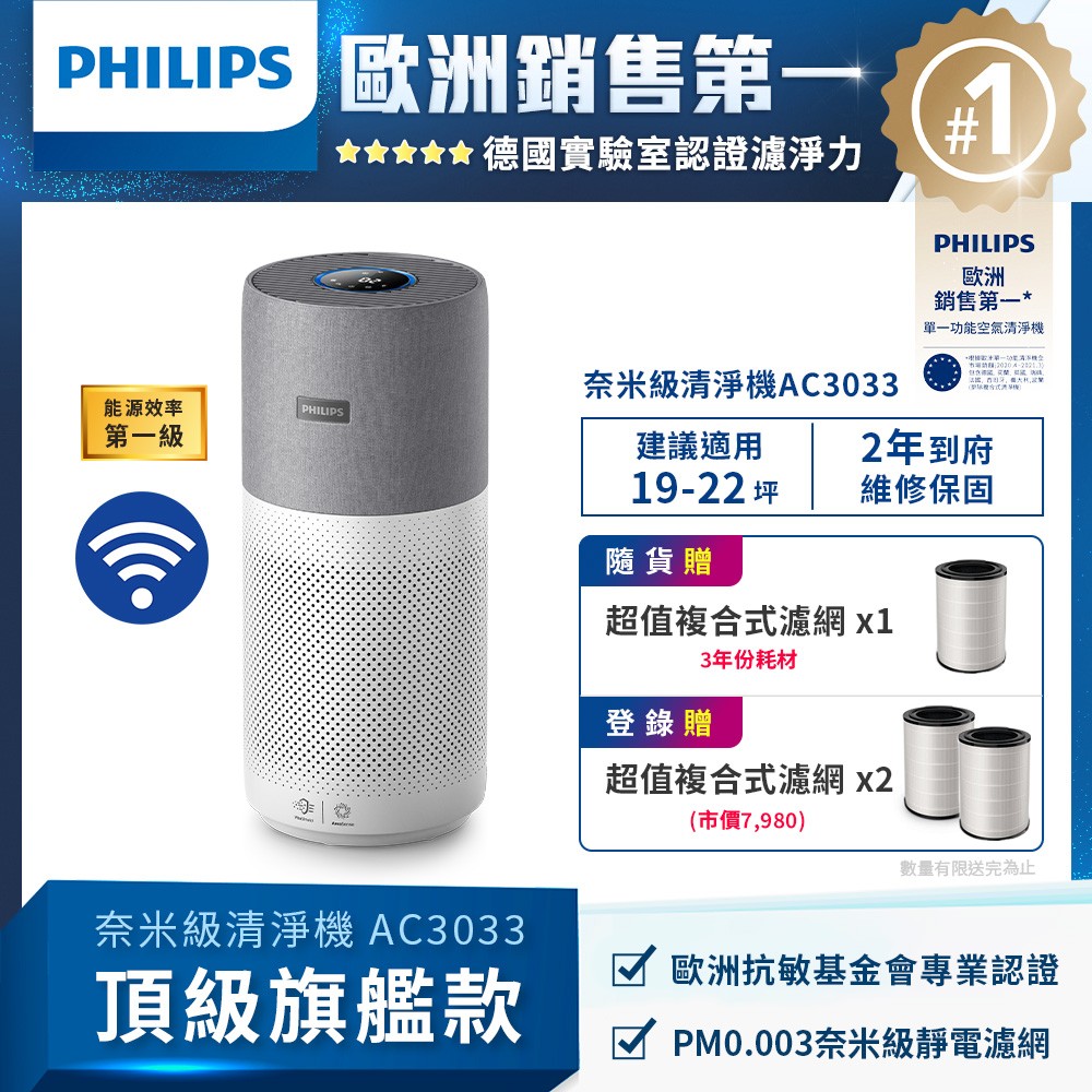 升級版-奈米級空氣清淨機-360度高效過濾 -(AC3033/86)