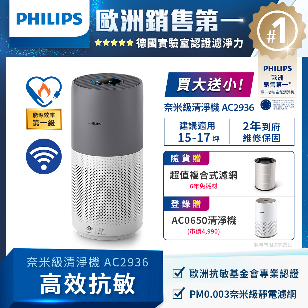 PHILIPS 飛利浦   奈米級空氣清淨機-360度高效過濾AC2936買大送小組適用17坪