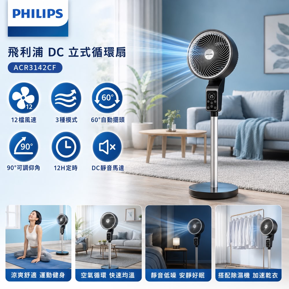 PHILIPS 飛利浦 9吋  直立式 DC 渦流遙控省電循環扇 (可遙控/定時/擺頭)