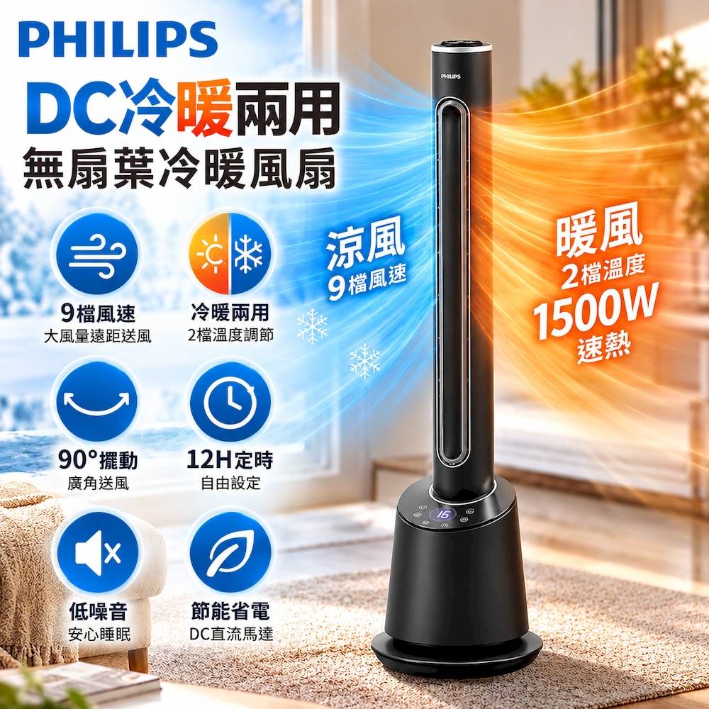 PHILIPS 飛利浦 官方直營 DC冷暖兩用無扇葉風扇 暖風機 電暖器 定時 液晶觸控顯示-可遙控(AHR5164FD)