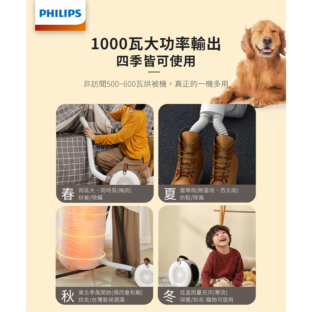 PHILIPS 飛利浦 官方直營 多功能 1000W 烘鞋 烘被 烘衣 暖風機/陶磁電暖器(AHR3124FM)
