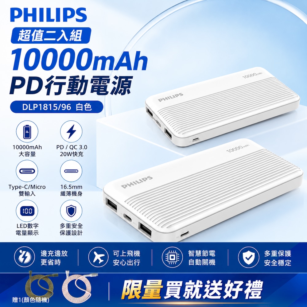 PHILIPS 飛利浦 超值2入組-PD 10000mAh行動電源 DLP1815/96 (37Wh)
