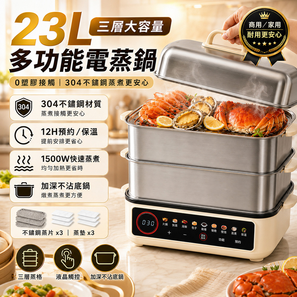 Rtako 多功能電蒸鍋 三層/23L 不銹鋼蒸煮鍋 電火鍋 美食鍋 火鍋蒸煮鍋 料理鍋 預約保溫/9大預設