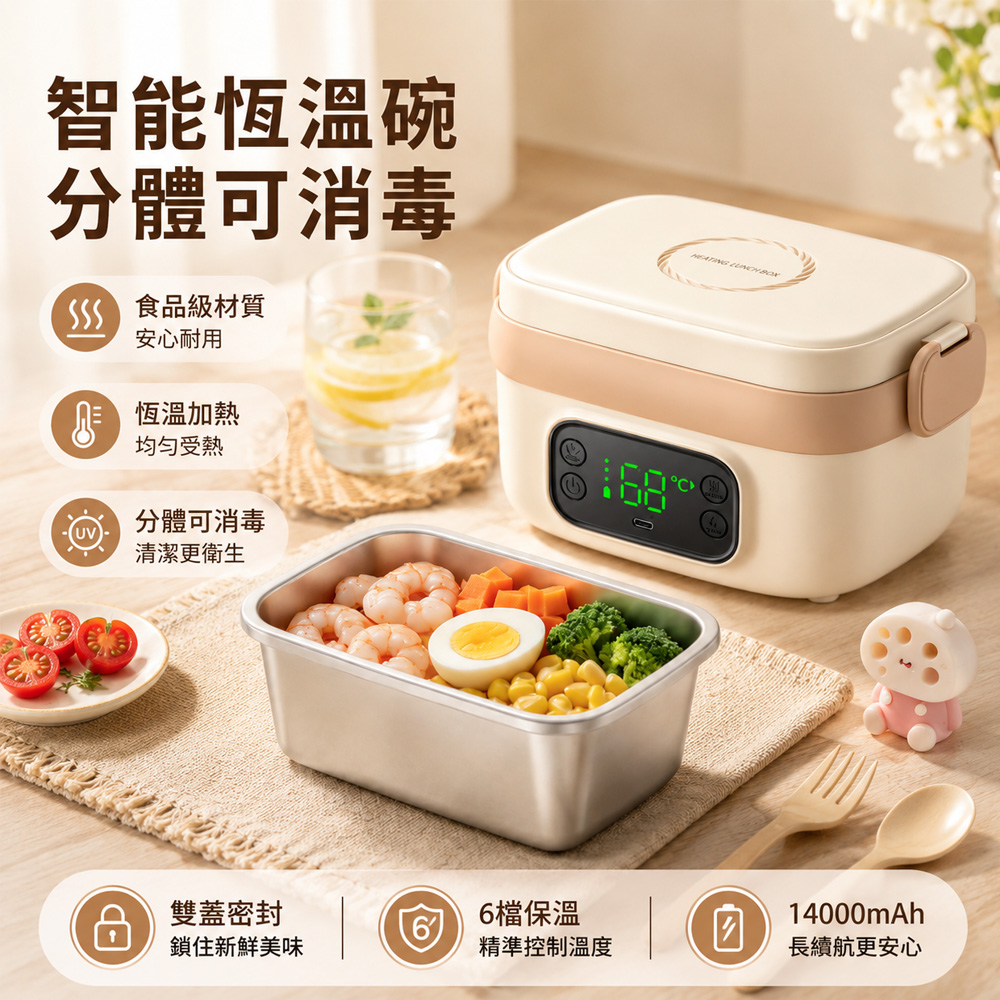 Felsted 菲仕德 無線加熱便當盒 750ml/14000mAh 6檔保溫 便攜電熱飯盒 分體好清洗 雙蓋密封防漏 YW