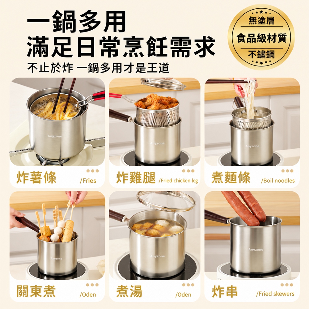 [樂億家居]不鏽鋼油炸鍋 多功能炸鍋 1200ML 油炸壺 家用炸鍋 炸串鍋 油炸籃+鍋蓋+食品夾 贈筷子 防飛濺