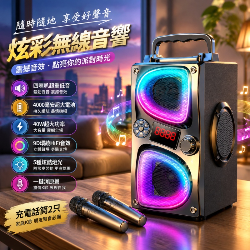 音響 微信收款音響 小型音響 大音量音響 無線音箱 戶外低音炮 唱歌音響 收音機 4000毫安電池 雙話筒版