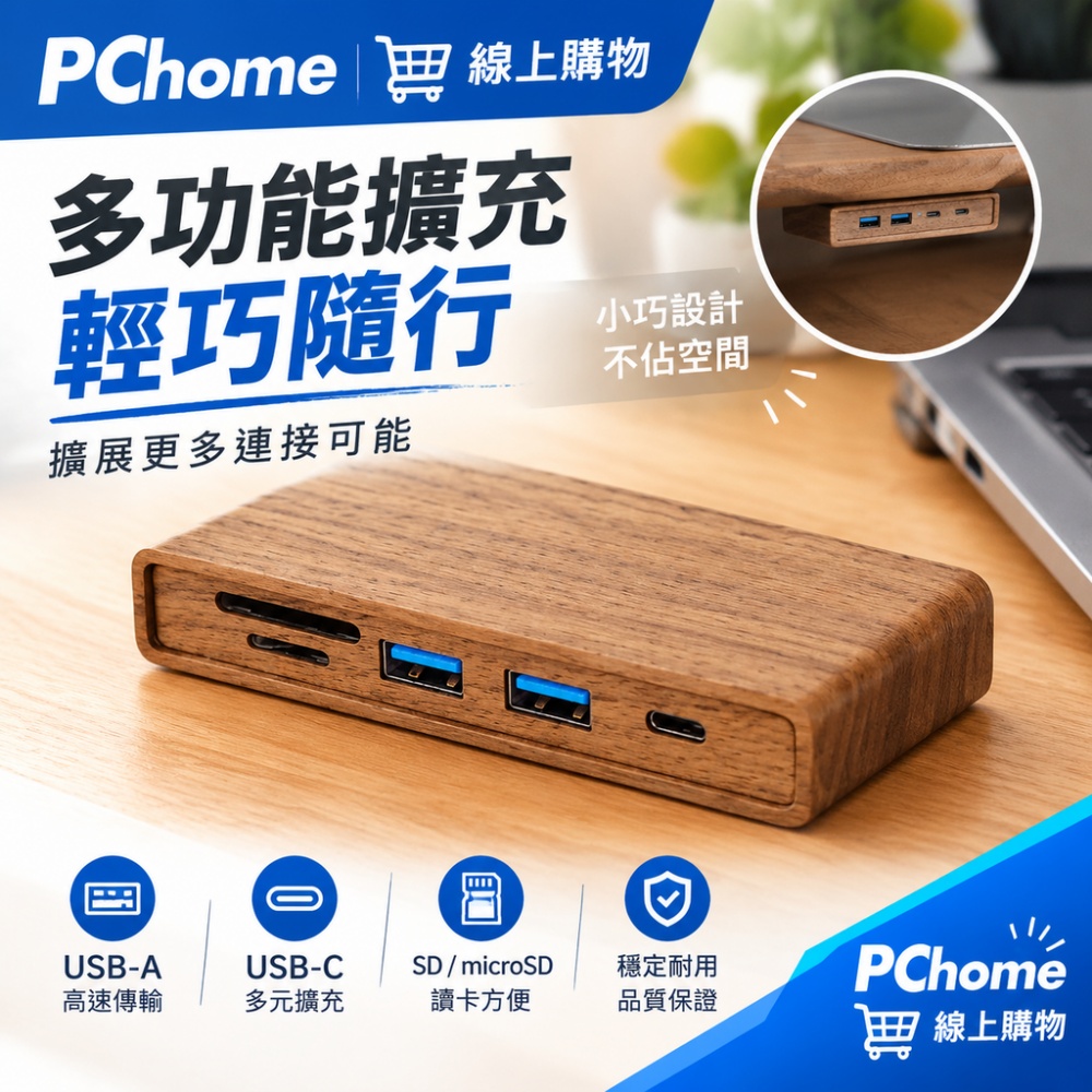 【銘利萊】桌下擴充埠 木質 黑胡桃 顯示器增高架專用 USB3.0接口 分線器 擴展塢 HUB