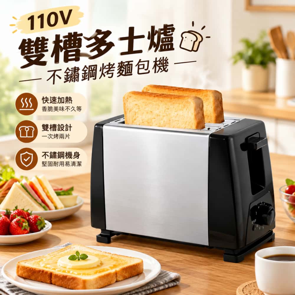 110V烤麵包機 兩片式烤麵包機 多段烘烤旋鈕雙槽 自動彈片斷電 家用快速酥脆吐司早餐輕食烘烤機