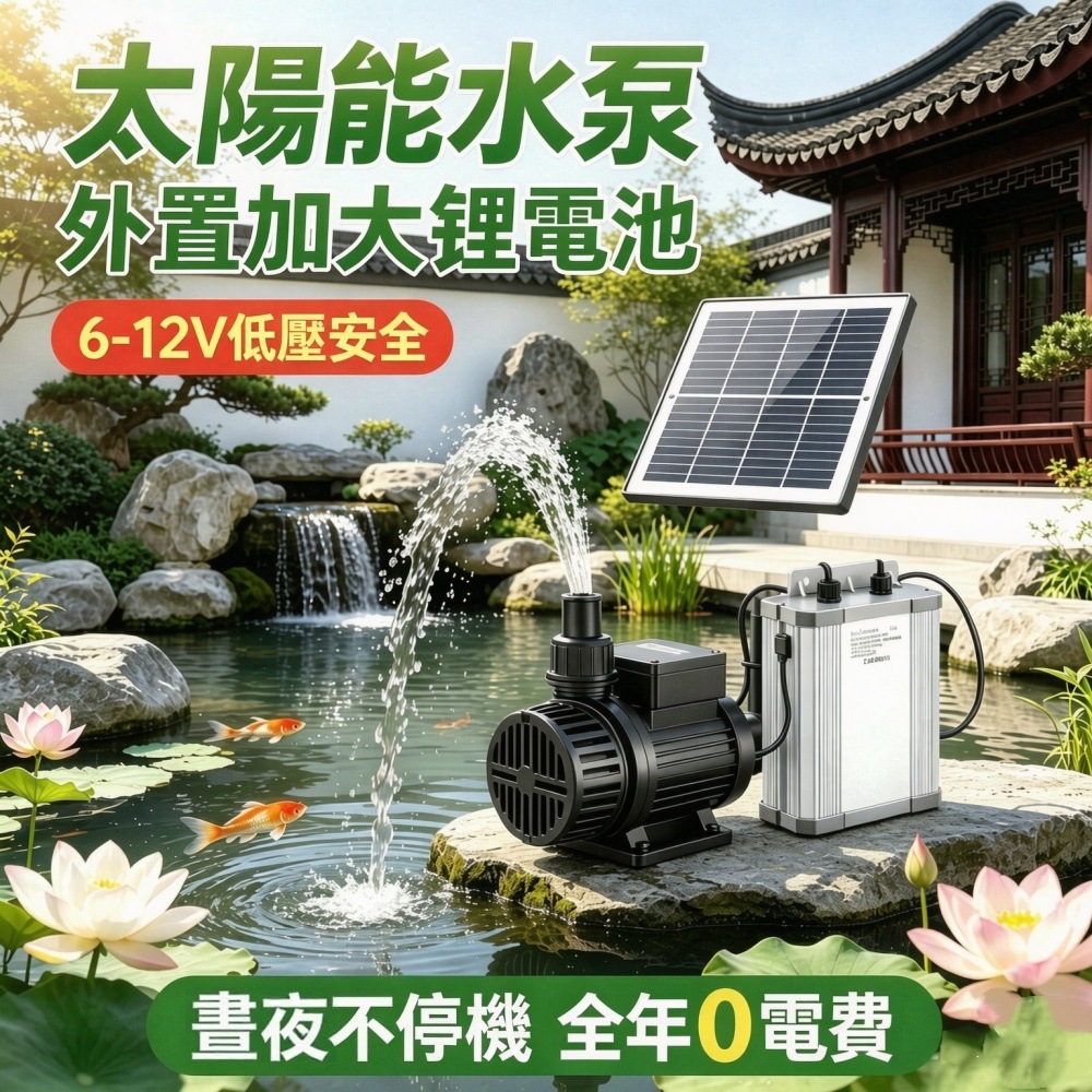 【悅購】太陽能潛水泵 自動抽水泵 戶外循環魚池潛水泵 魚缸魚池假山流水過濾循環 35W充電板+15AH電池