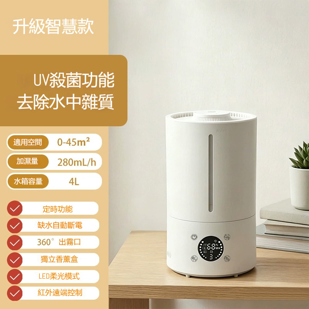 【物居】桌面加濕器 智能補水 4L大容量 家用 上加水 超聲波 霧化 香薰加濕器