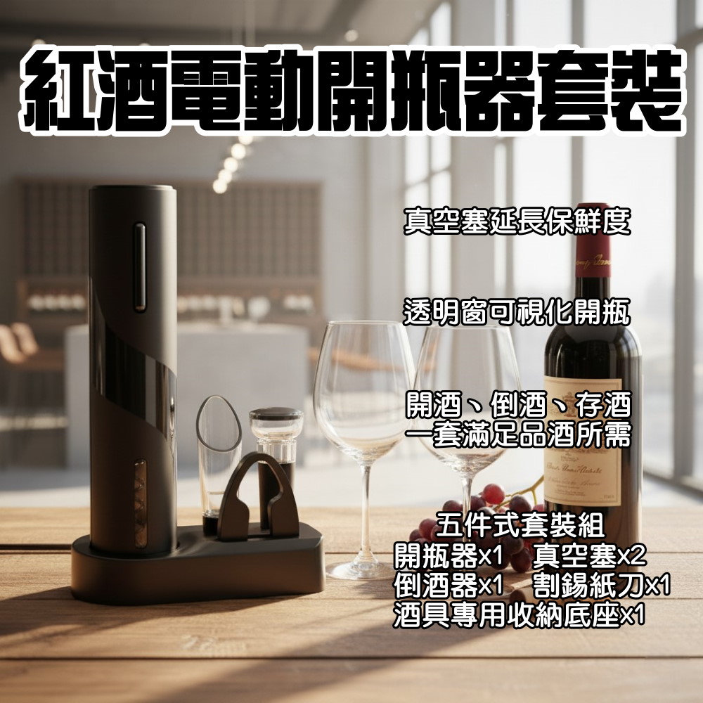 ProTap 浦拓 紅酒電動開瓶器套裝(五件式套裝 自動開酒器 軟木塞開瓶器 醒酒器 瓶塞 酒具)