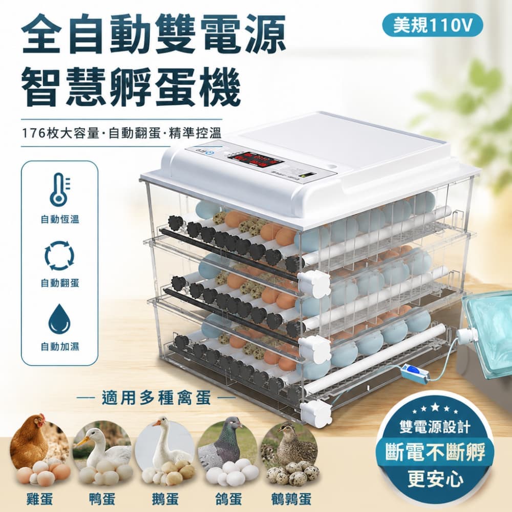 巧可 全自動孵化機 110V自動翻蛋加濕 一鍵孵化智能孵蛋箱 家用雞鴨鵝鴿種蛋孵蛋器 176枚雙電全自動