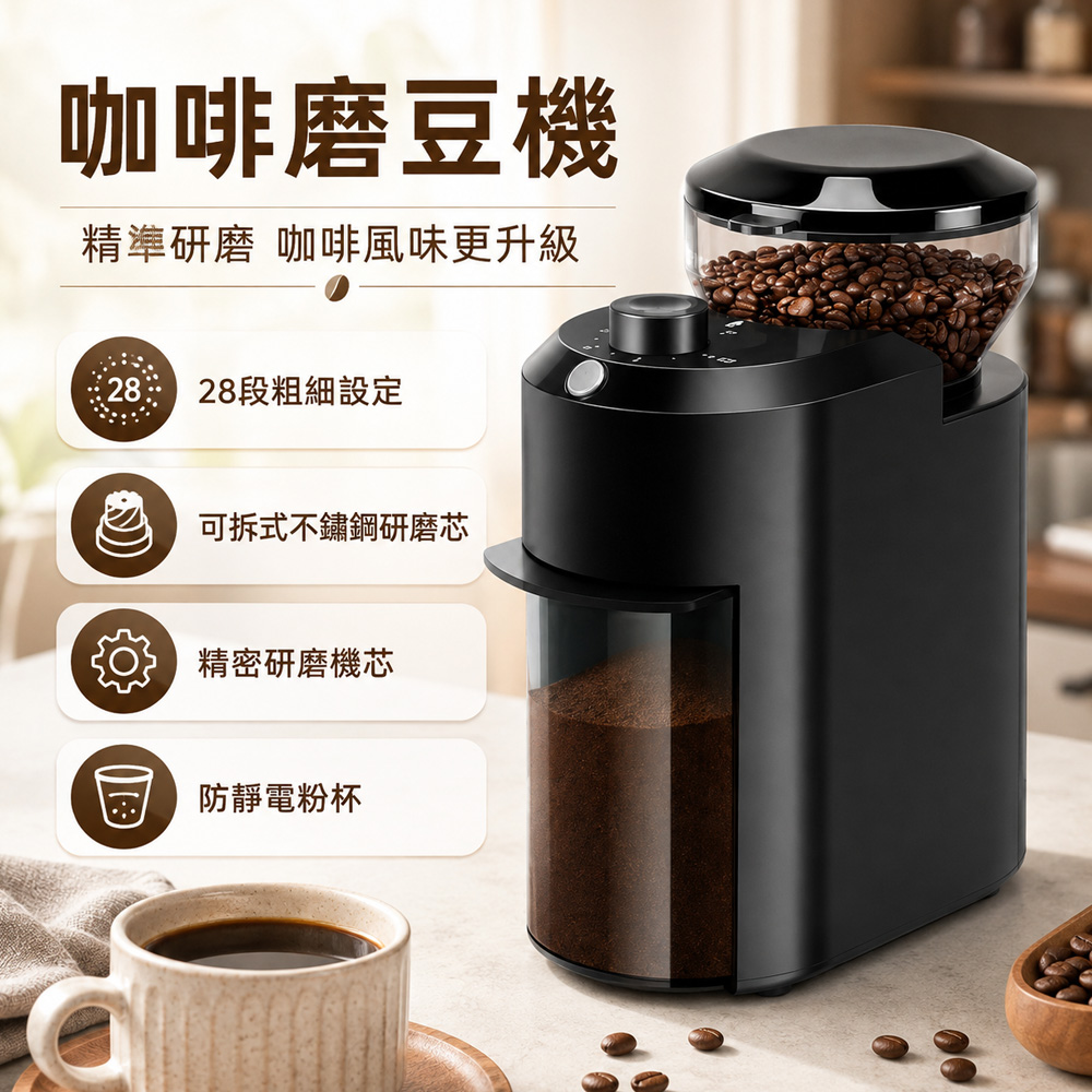 Rtako 110V電動咖啡磨豆機 咖啡豆研磨器 定時定量研磨 28段粗細調整 觸控操作 家用磨粉機 低噪運轉