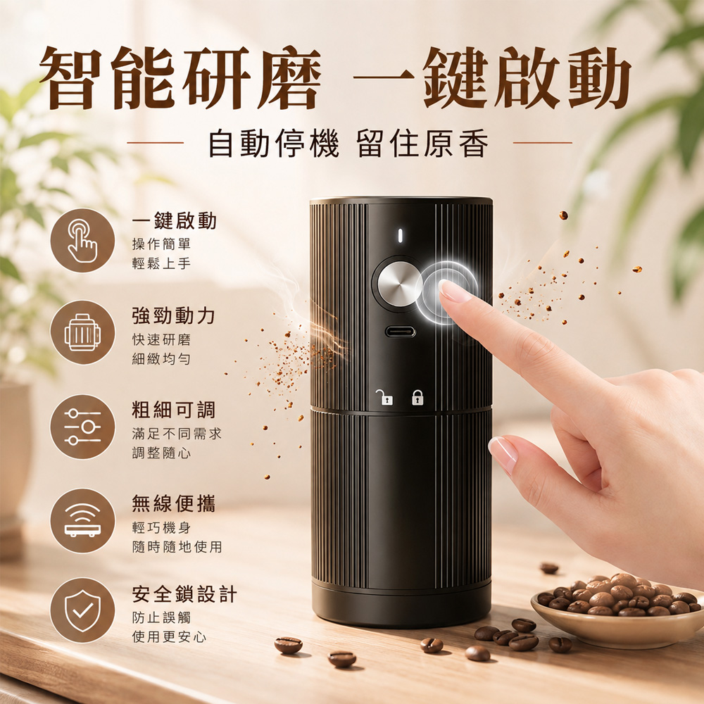 Rtako 充電電動磨豆機 便攜式咖啡研磨機 家用小型磨咖啡豆機 自動研磨器 多段粗細調節 W-318