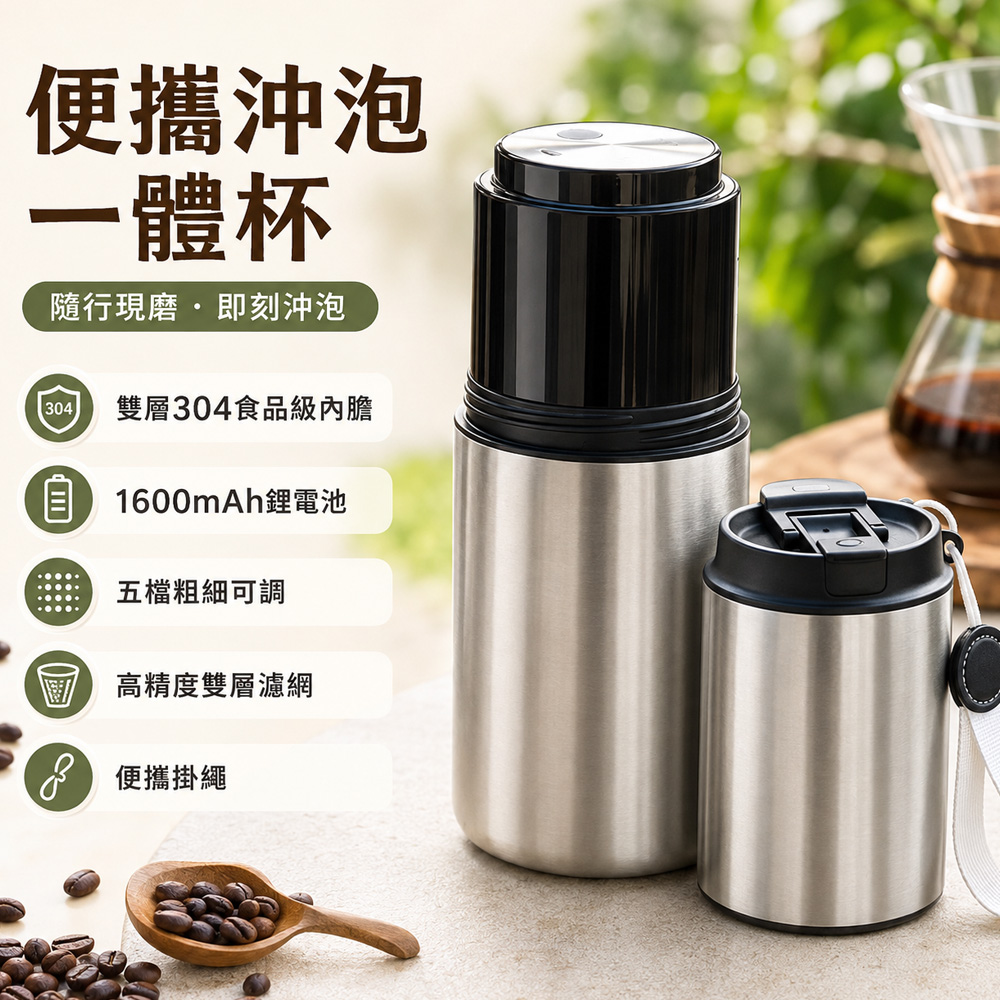 Rtako 電動研磨咖啡杯 充電式咖啡機 一體磨豆濾泡杯 磨豆機 手沖咖啡杯 304不鏽鋼 咖啡器具