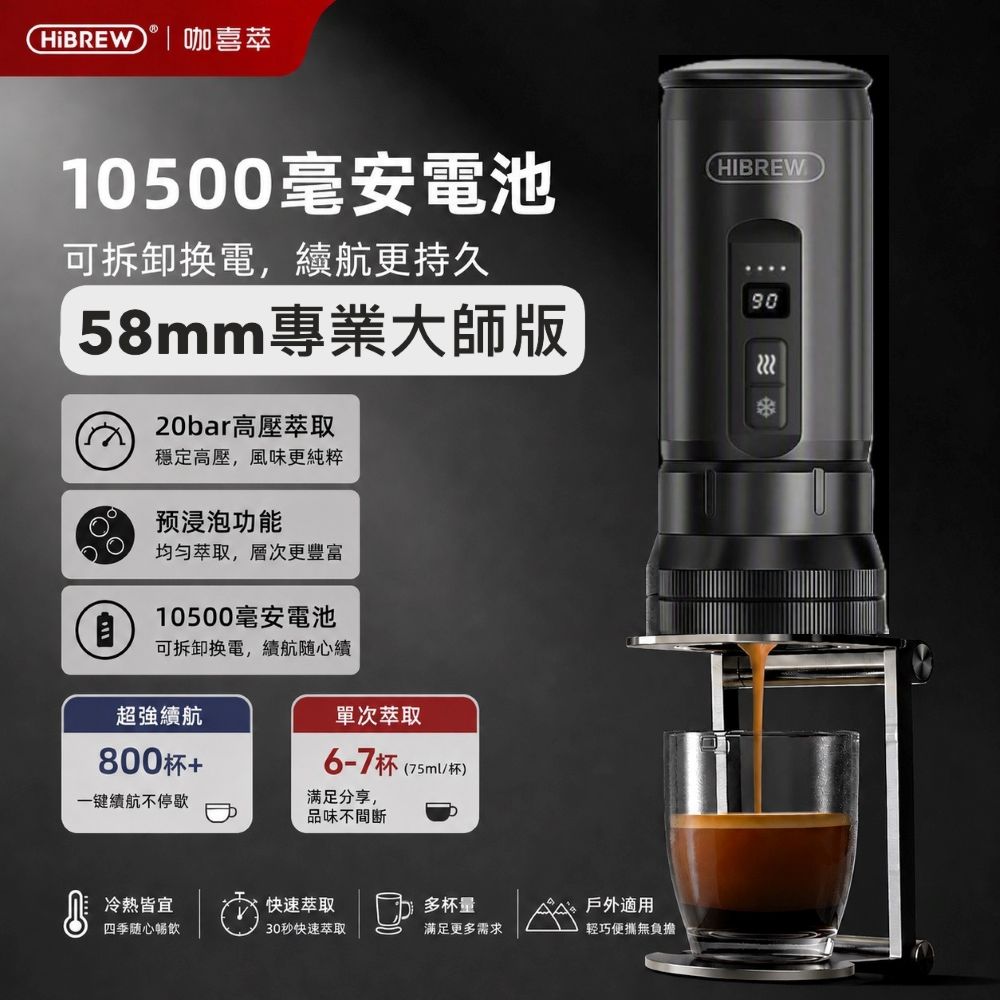 HiBREW H4C 攜帶式咖啡機_58專業大師版 便攜式咖啡機 義式濃縮咖啡機(黑色)