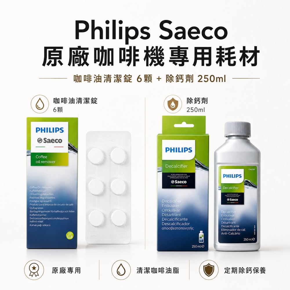 PHILIPS 飛利浦 Saeco 原廠咖啡機清潔錠 咖啡油清潔錠6入裝+除鈣劑250ml 國際平輸
