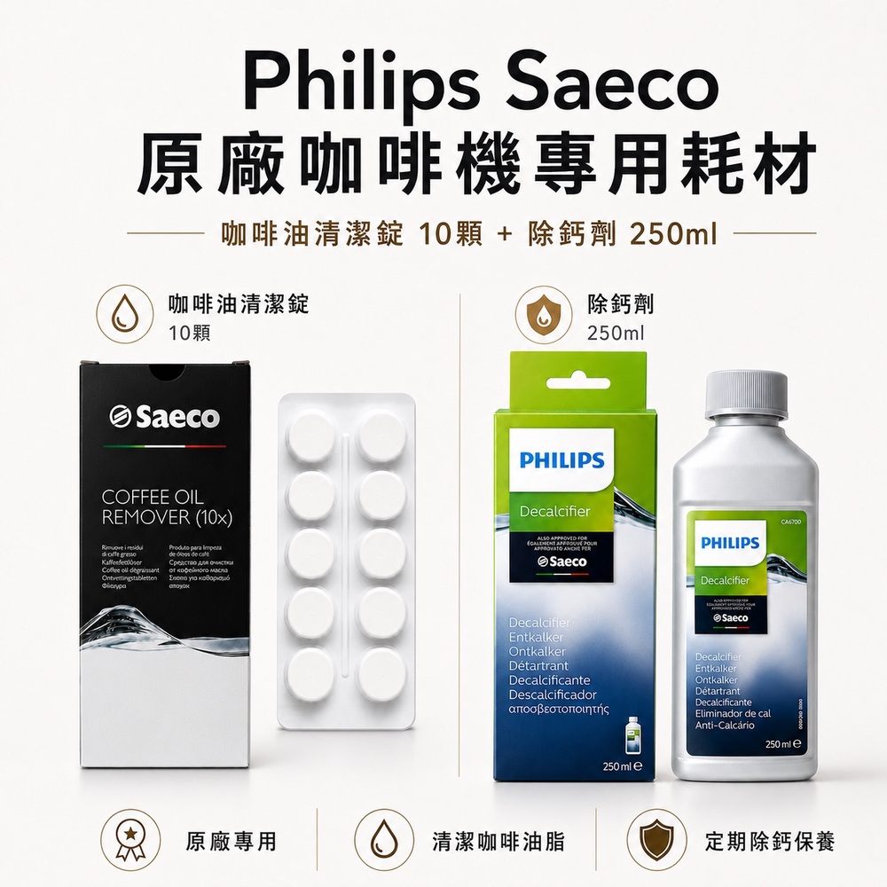 PHILIPS 飛利浦 Saeco 原廠咖啡機清潔錠 咖啡油清潔錠10入裝+除鈣劑250ml 國際平輸（其他規格）
