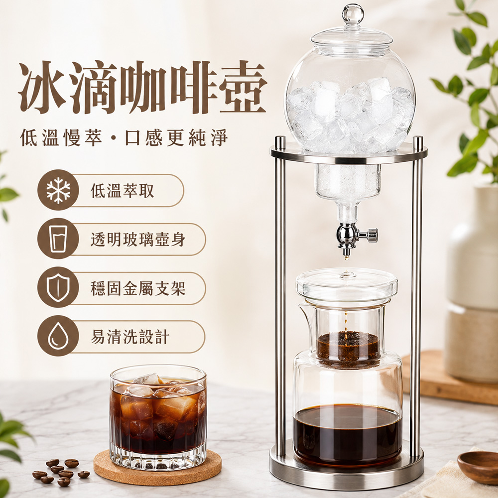 Rtako 家用冰滴咖啡壺 滴濾式冷萃茶壺 高硼矽玻璃 手沖咖啡器具 咖啡冷泡專用壺 1000ml