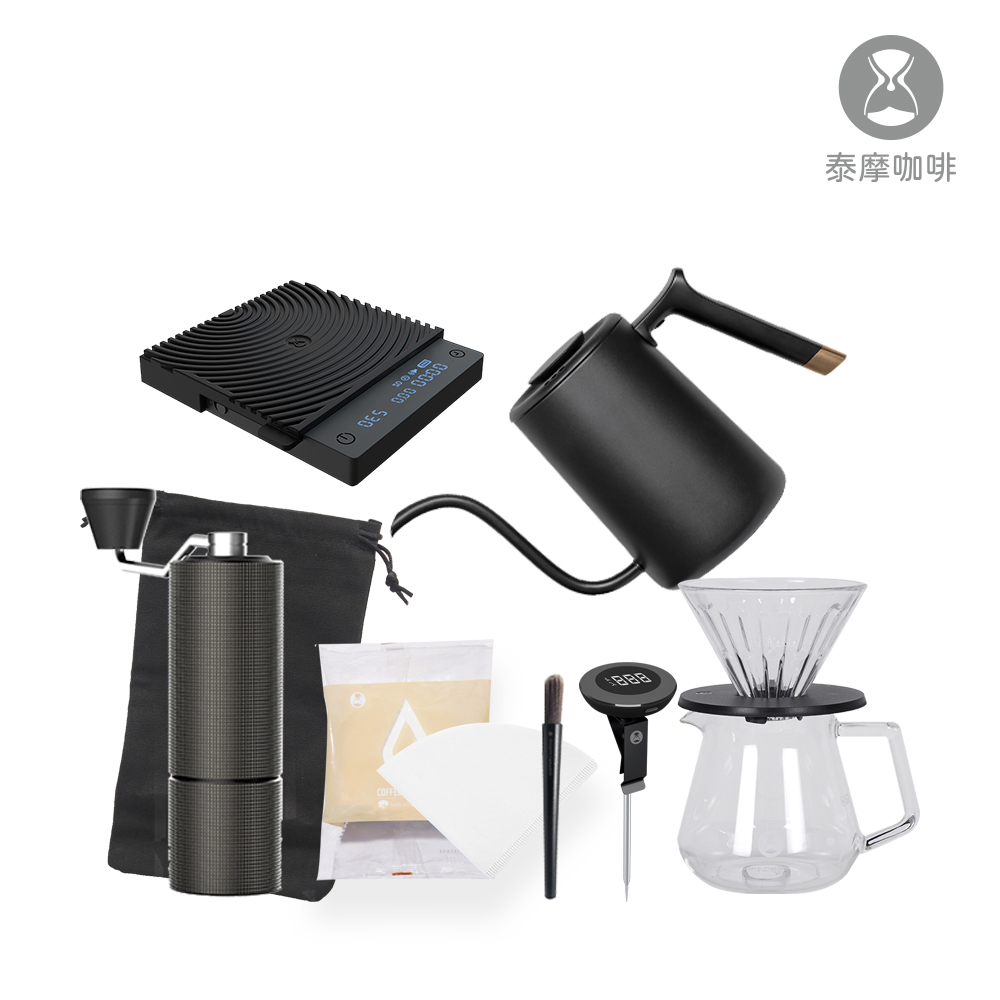 TIMEMORE 泰摩 泰摩咖啡 手沖咖啡新手9件組黑(C3S 水晶01冰瞳 透明360下壺 Pure壺 小T Mini秤 濾紙 刷子 便攜袋)
