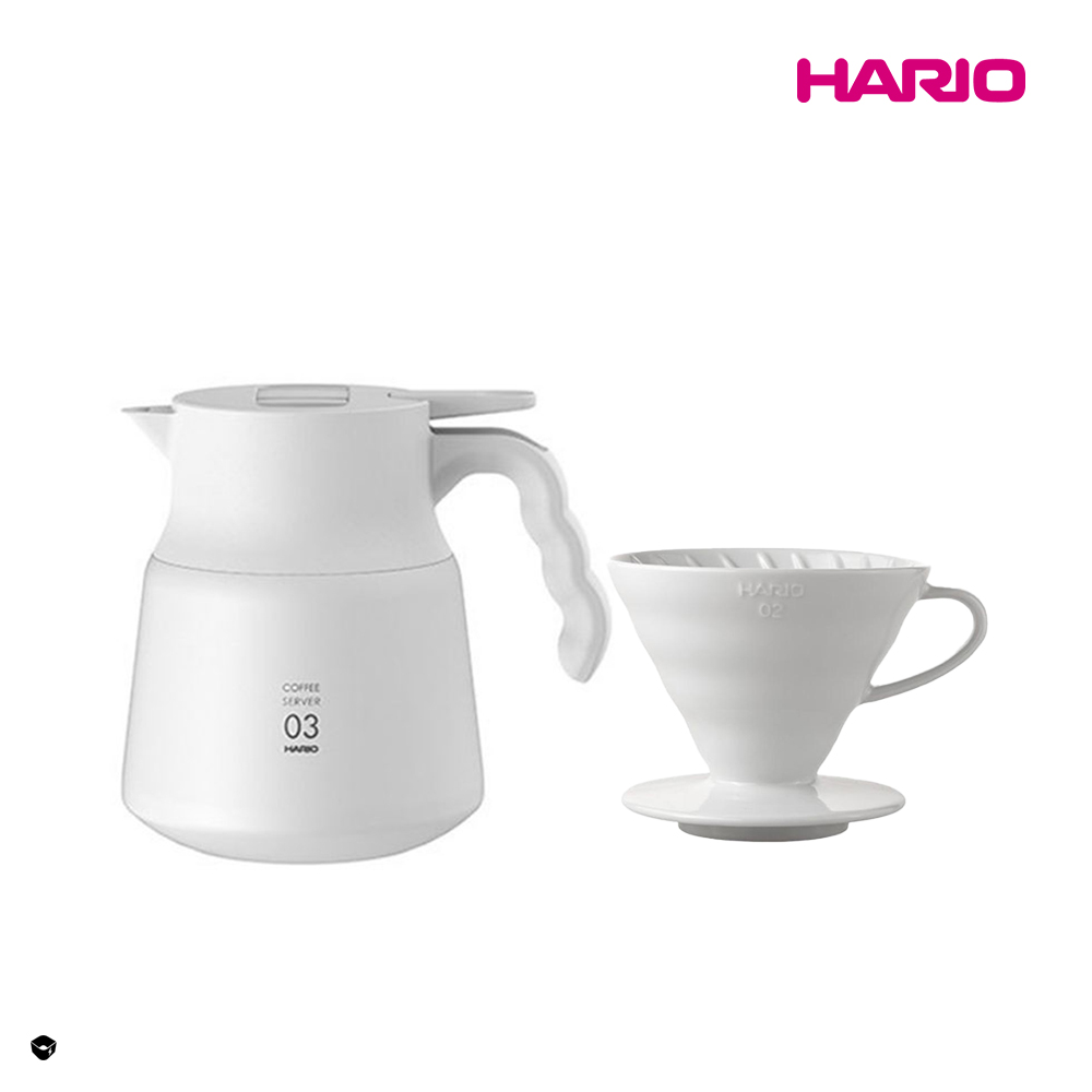 HARIO 純白系列 V60白色02磁石濾杯 + V60不鏽鋼保溫咖啡壺白PLUS 800