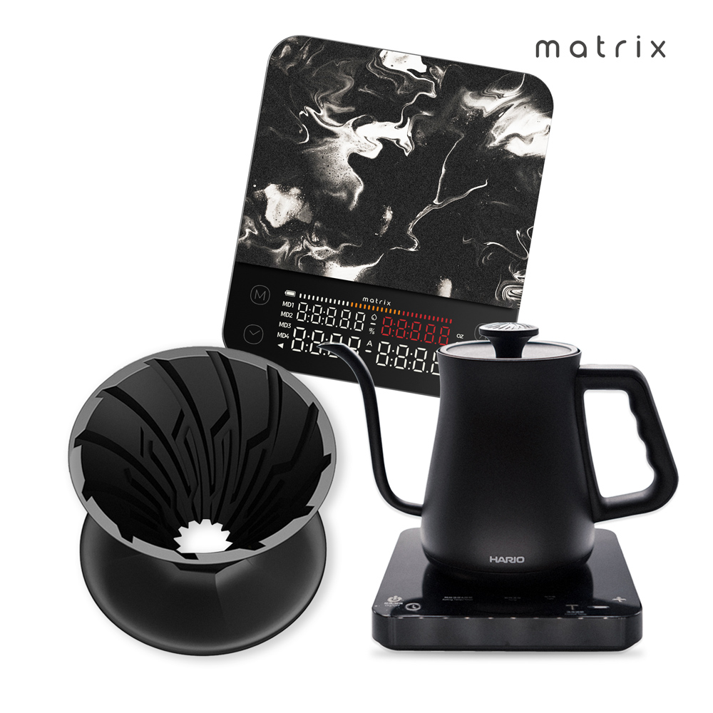 Matrix X HARIO M2 Pro AI大師 咖啡秤+α 阿爾法錐形凹肋陶瓷濾杯01黑+溫控細口壺650ml 組合