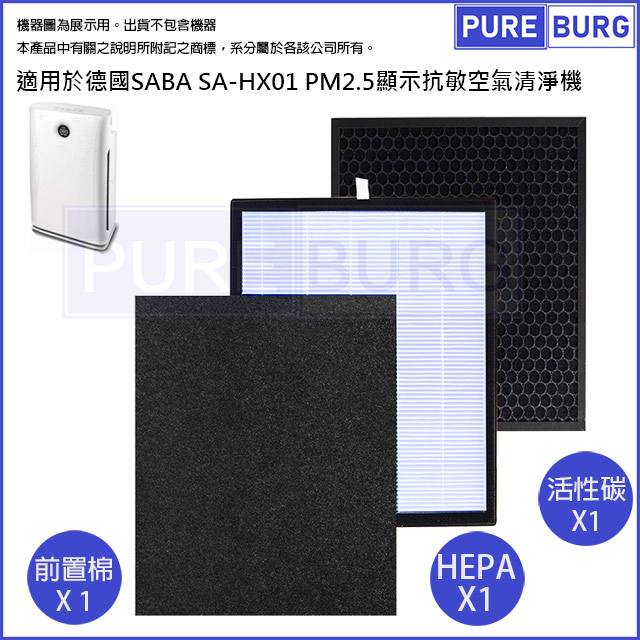 SABA 適用於德國 SA-HX01 PM2.5顯示抗敏空氣清淨機替換用高效HEPA+活性碳濾網濾芯組