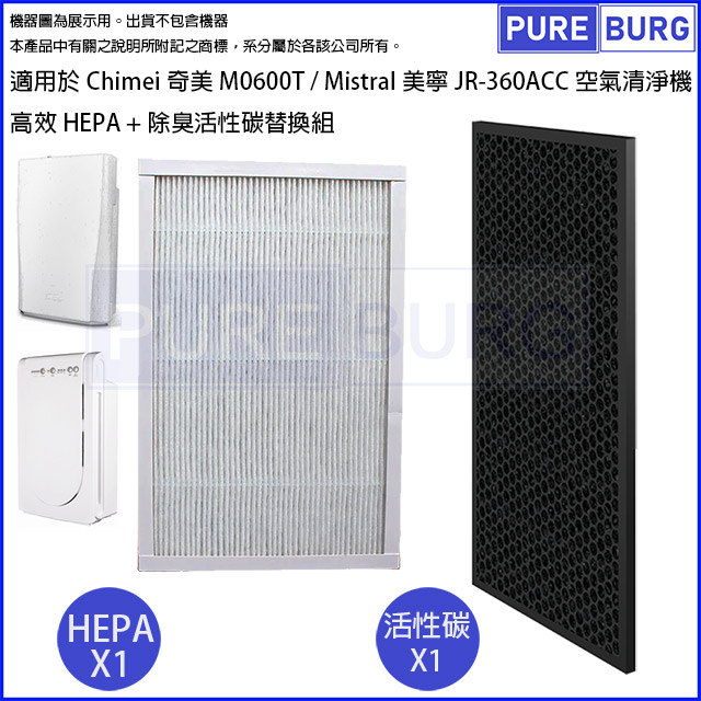 CHIMEI 奇美 適用於M0600T Mistral美寧JR-360ACC空氣清淨機替換用高效HEPA+除臭活性碳濾網心組