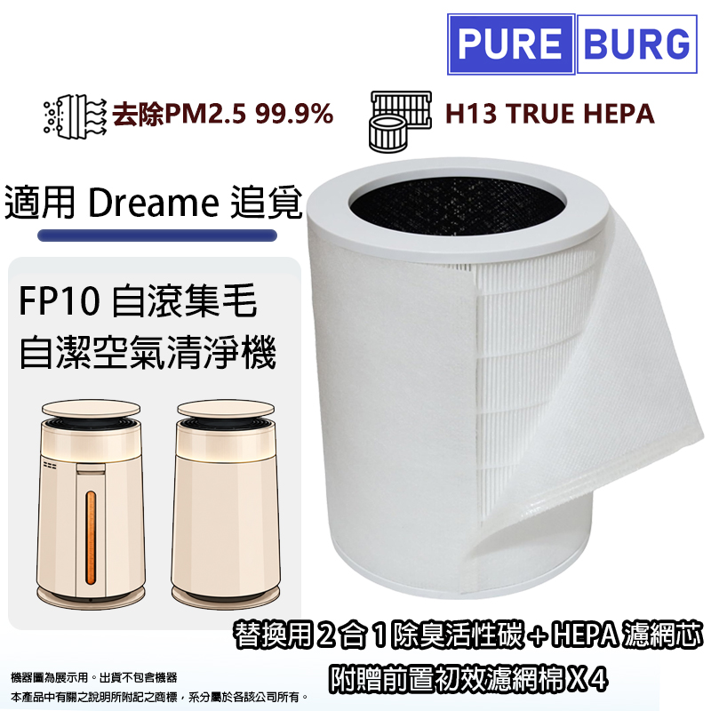 PUREBURG 適用Dreame追覓 FP10自滾集毛自潔空氣清淨機替換用2合1除臭活性碳+HEPA濾網濾芯+附贈前置初效濾棉