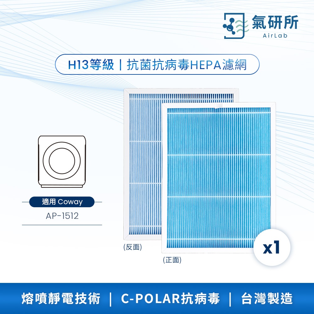 AirLab氣研所 H13 HEPA抗菌抗病毒濾網 1片裝(適用Coway AP-1512)
