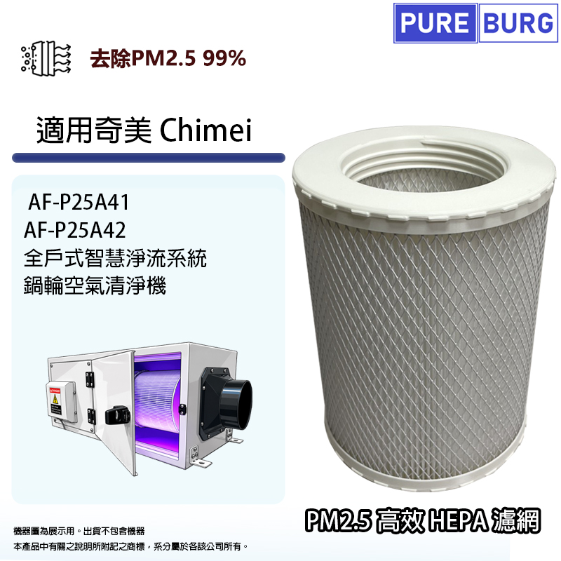 PUREBURG 適用奇美Chimei AF-P25A41 AF-P25A42全戶式智慧淨流系統鍋輪空氣清淨機替換用HEPA濾網濾芯