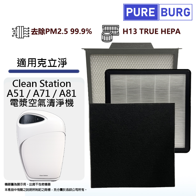 PUREBURG 適用克立淨Clean Station A51/A71/A81電漿空氣清淨機前置濾棉+EC高效複合式濾網+後置HEPA濾芯