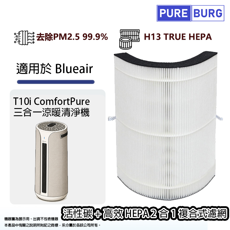 PUREBURG 適用Blueair T10i ComfortPure 三合一涼暖清淨機2合1活性碳+HEPA濾網濾芯