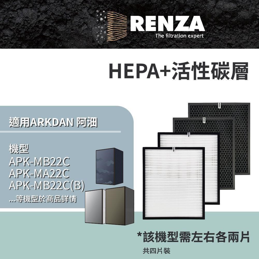 RENZA 適用 ARKDAN 阿沺 APK-MB22C APK-MA22C 雙淨化空氣清淨機 HEPA+活性碳 濾網