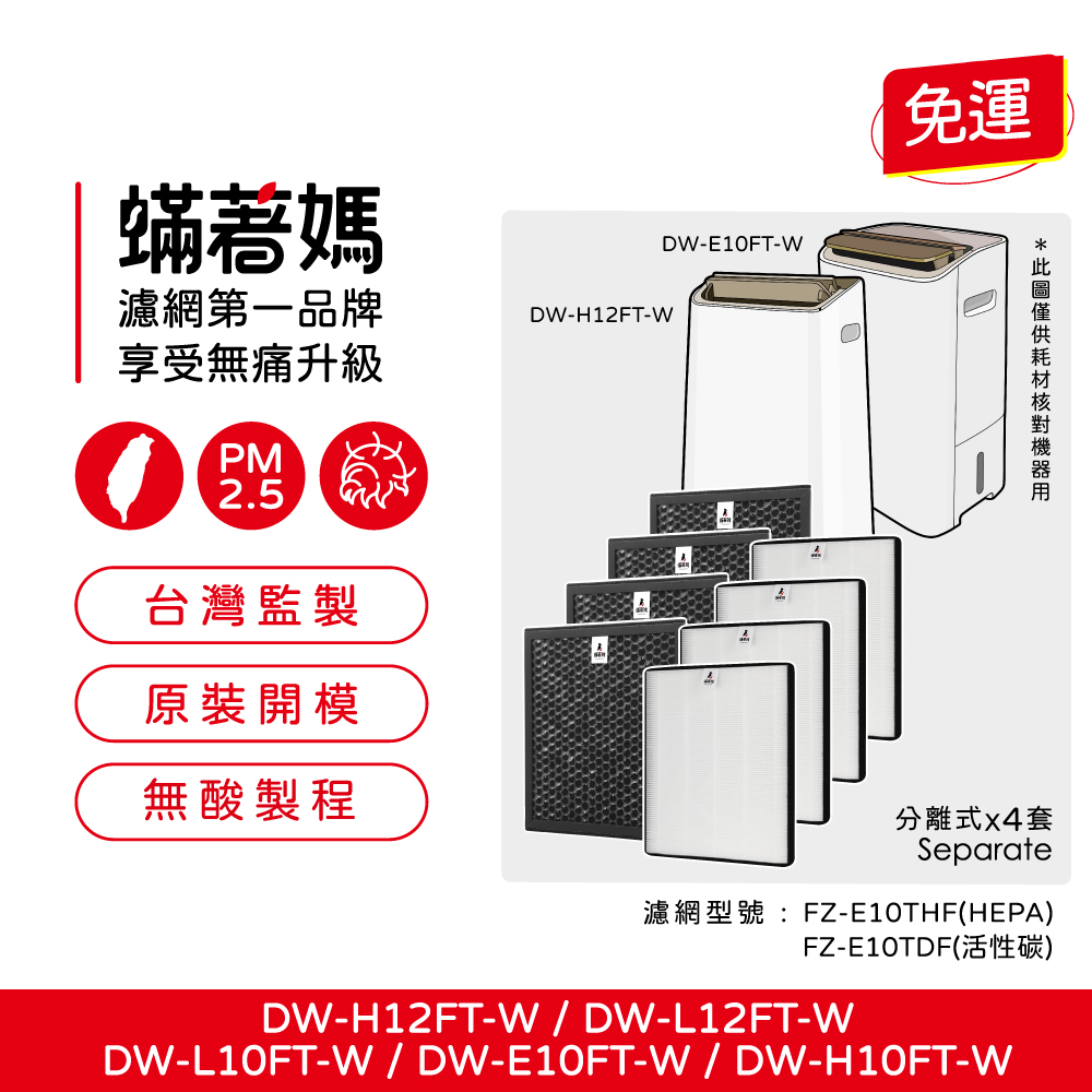 蟎著媽 高效型濾網4套優惠組(適用 SHARP DW-E10FT-W H10FT-W L10FT-W H12FT-W L12FT-W 清淨除濕機)