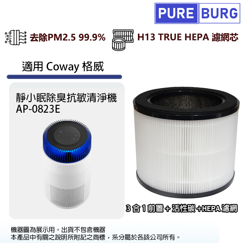 PUREBURG 適用Coway格威AP-0823E靜小眠空氣清淨機除臭除甲醛高效3合1除臭活性碳HEPA濾網