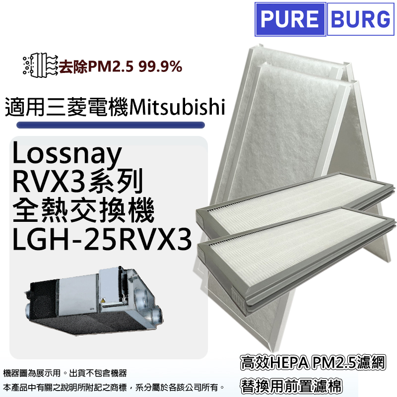 PUREBURG 適用三菱電機Mitsubishi LGH-25RVX3全熱交換機/新風機替換用高效HEPA過濾網濾芯+前置初效濾棉
