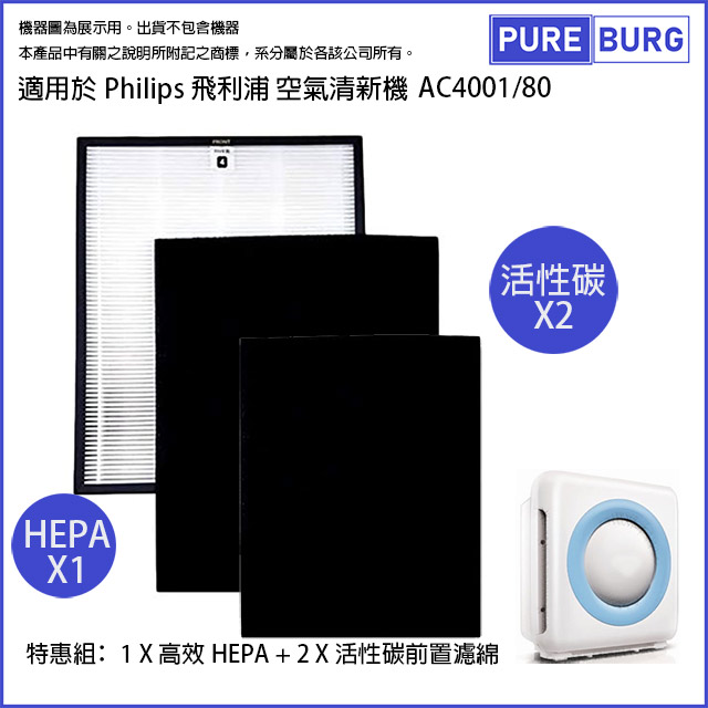 PUREBURG 適用Philips飛利浦 AC4001 / 80空氣清淨機HEPA濾網+替換式除臭性碳濾綿AC4120