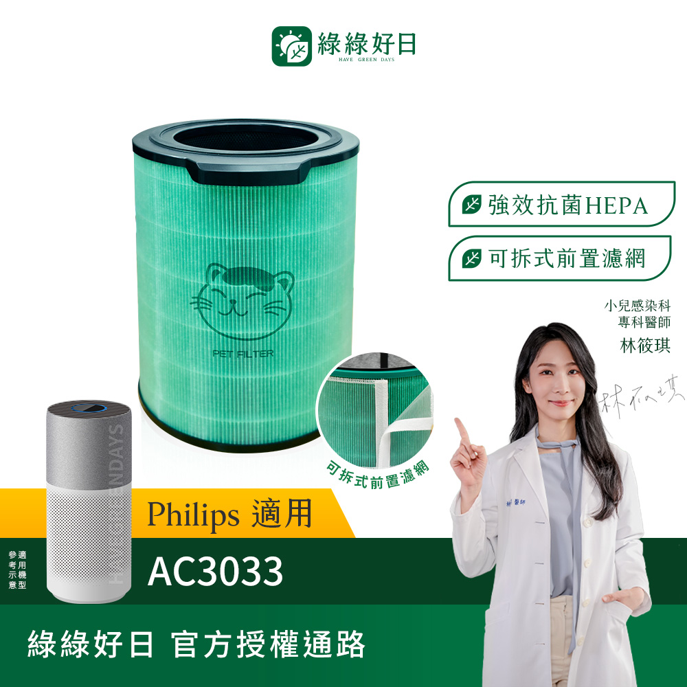 綠綠好日 適用 PhiIips 飛利浦 AC3033 83/85 奈米級清淨機 複合式HEPA濾芯(濾網 顆粒活性碳)