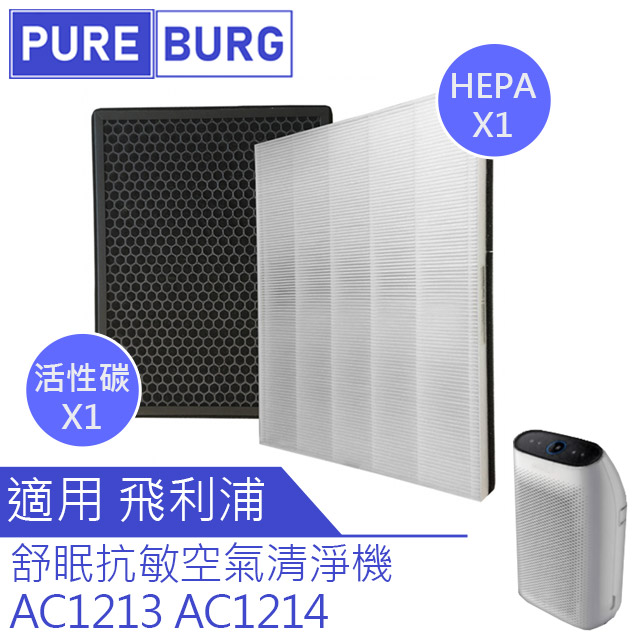 PUREBURG 【適用Philips飛利浦】舒眠抗敏空氣清淨機AC1213 AC1212濾網組HEPA+活性碳濾心