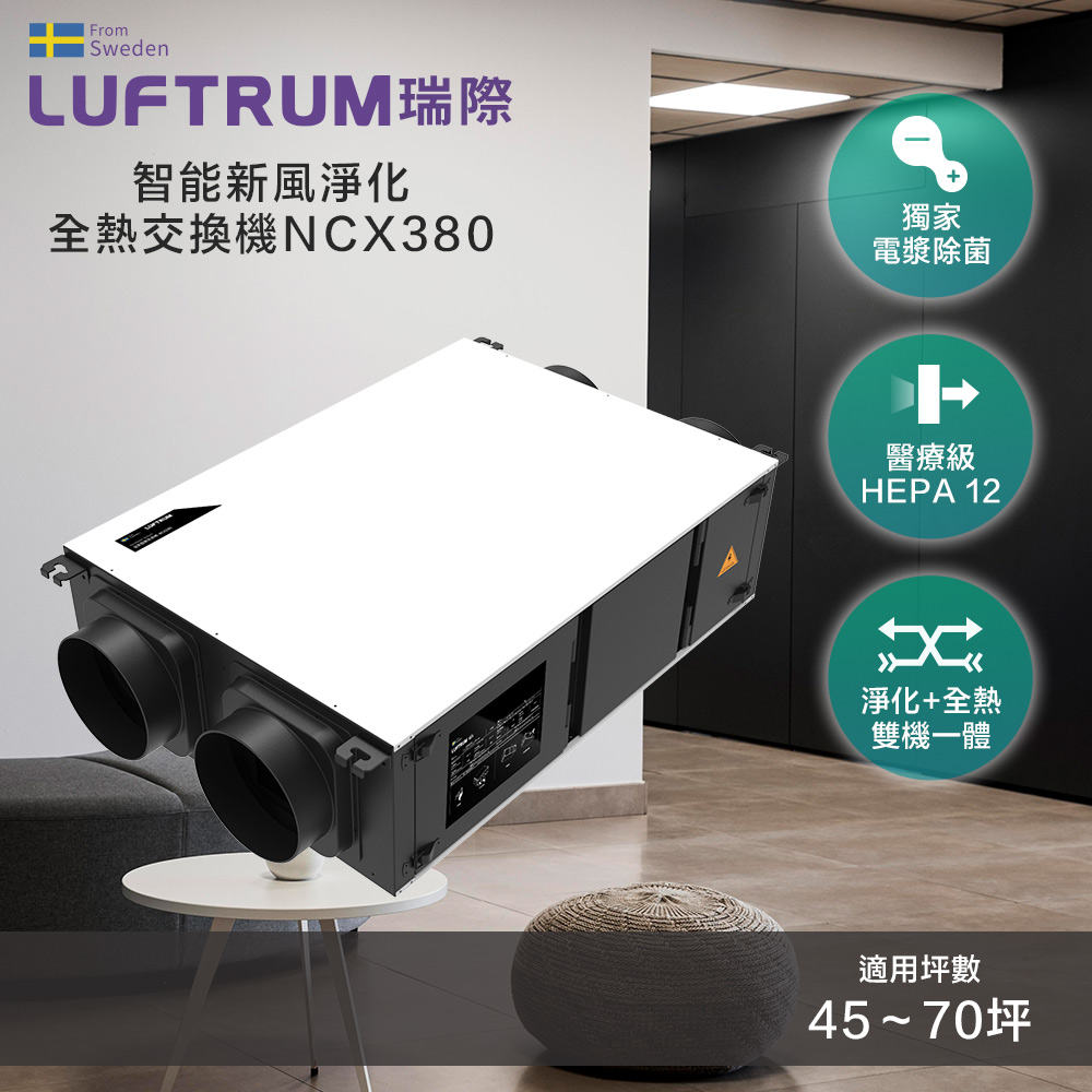 LUFTRUM 瑞際 瑞典 瑞際智能新風淨化全熱交換機NCX380 (新屋通風防疫 除菌淨化 首選)