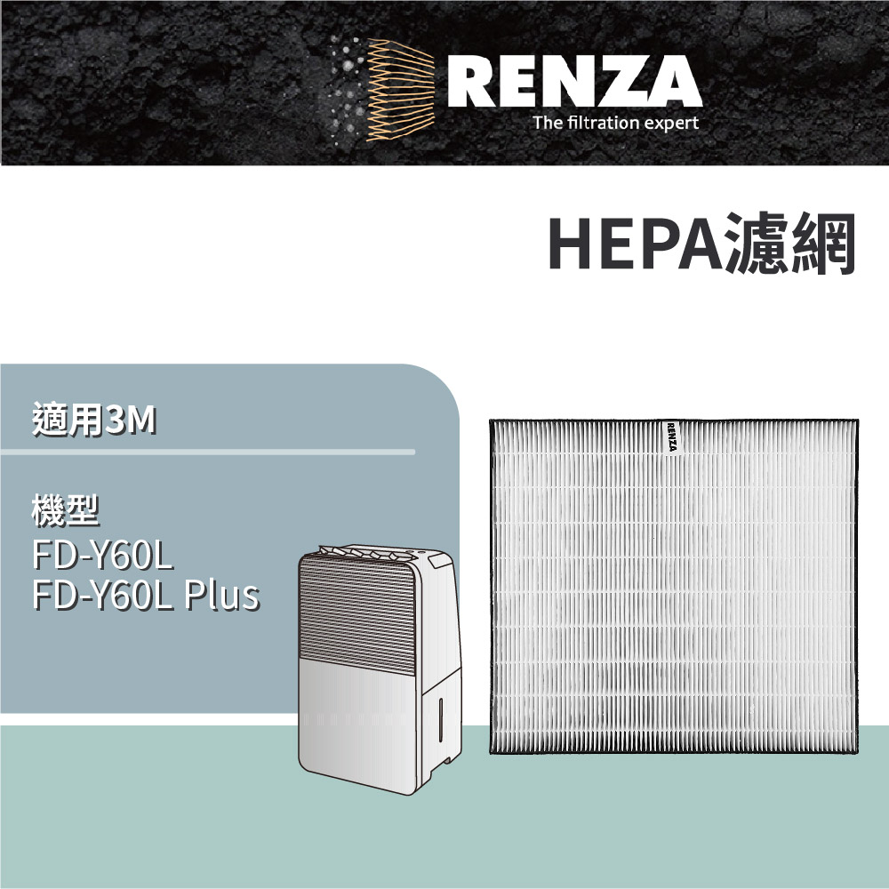 RENZA 適用 3M FD-Y60L / FD-Y60L Plus 6公升雙效空氣清淨除濕機 替代 Y-60F HEPA濾網 濾芯 濾心