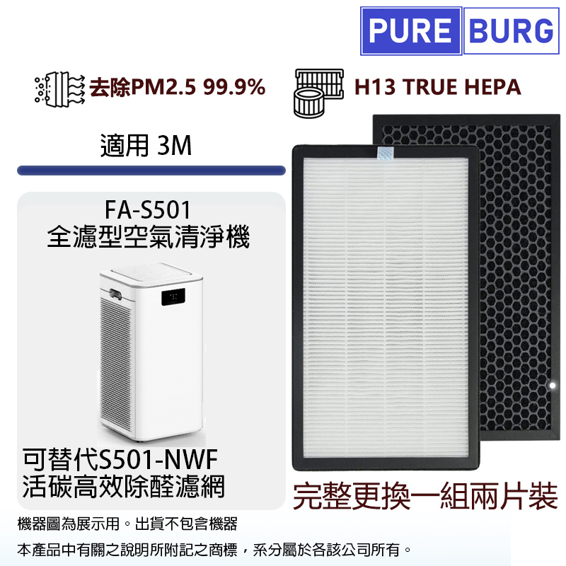 PUREBURG 適用3M FA-S501全濾型空氣清淨機活性碳高效除醛HEPA濾網濾芯 (2入組)FA-S501-NWF S501-PF