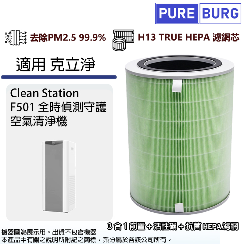 PUREBURG 適用克立淨Clean Station F501全時偵測守護空氣清淨機替換用除臭除甲醛高效3合1活性碳HEPA濾網濾芯