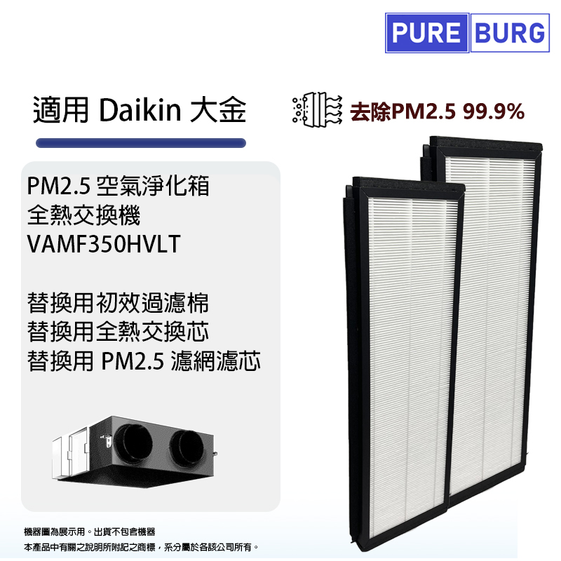 PUREBURG 適用Daikin大金PM2.5空氣過濾/全熱交換機VAMF350HVLT VAMF-H系列高效HEPA濾網濾芯 (2片包裝)